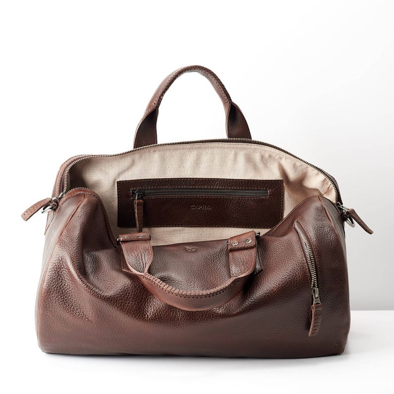 Dark Brown Leather Duffle Bag Men Medium Shoulder Travel Weekender w/ Shoe Compartment, Gym Sports Carry. Handmade. Personalized Monogram image 5