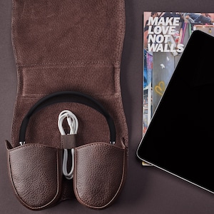 Dark Brown AirPods Max Case, Headphones Leather Protective Case, Travel Cover Apple AirPods Max Accessory, Fits with Smart Case, Custom Gift