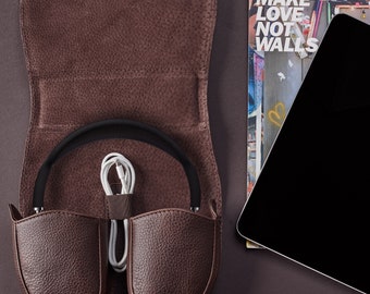 Dark Brown AirPods Max Case, Headphones Leather Protective Case, Travel Cover Apple AirPods Max Accessory, Fits with Smart Case, Custom Gift