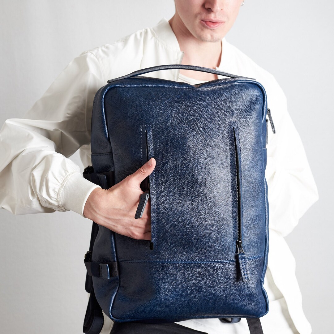 Blue Leather Laptop Backpack Men. Travel Rucksack, Handmade Bookbag