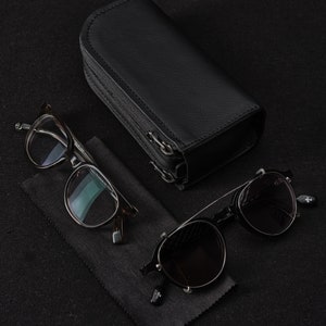 Black Leather Glasses Case Double Men, Two Sunglasses Bag, Eyewear Twin Pouch, Travel Suede Sleeve Cover. Custom Monogram Gift image 6
