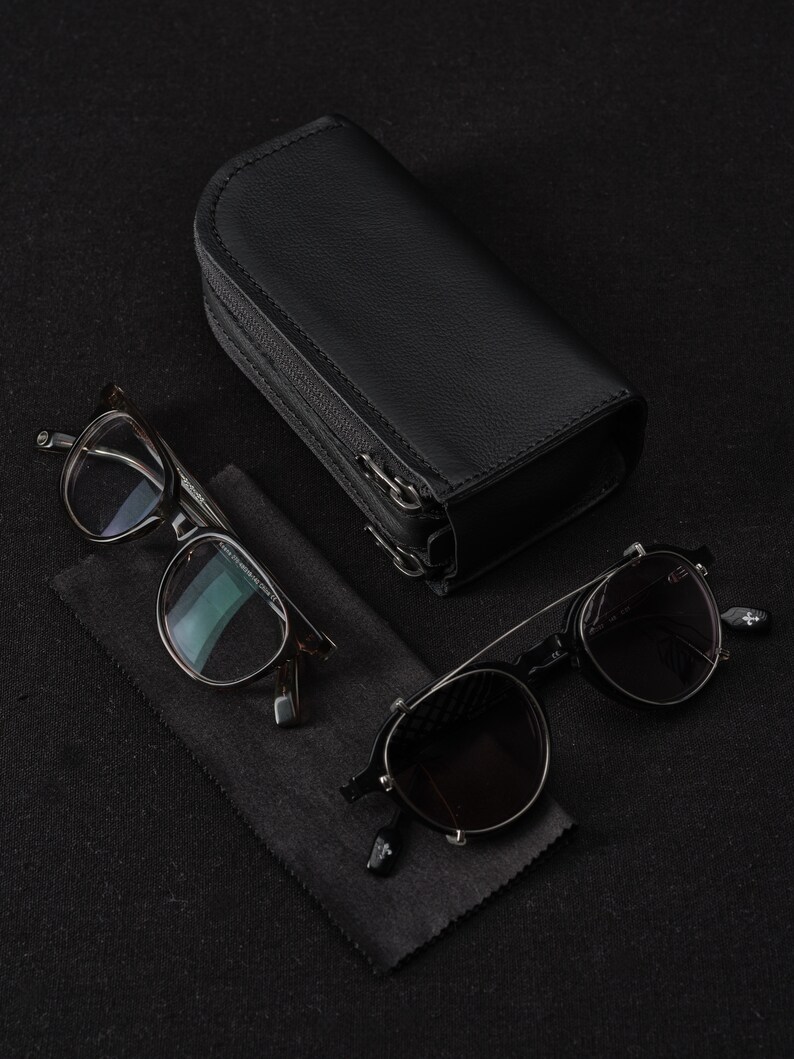 Black Leather Glasses Case Double Men, Two Sunglasses Bag, Eyewear Twin Pouch, Travel Suede Sleeve Cover. Custom Monogram Gift image 6