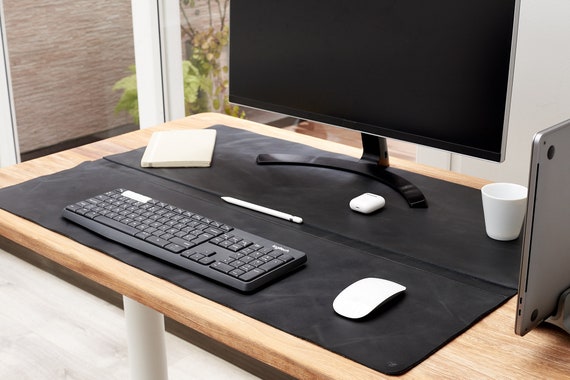 Capra Leather Desk Pad Setup Black Leather, Mat Blotter Organizer