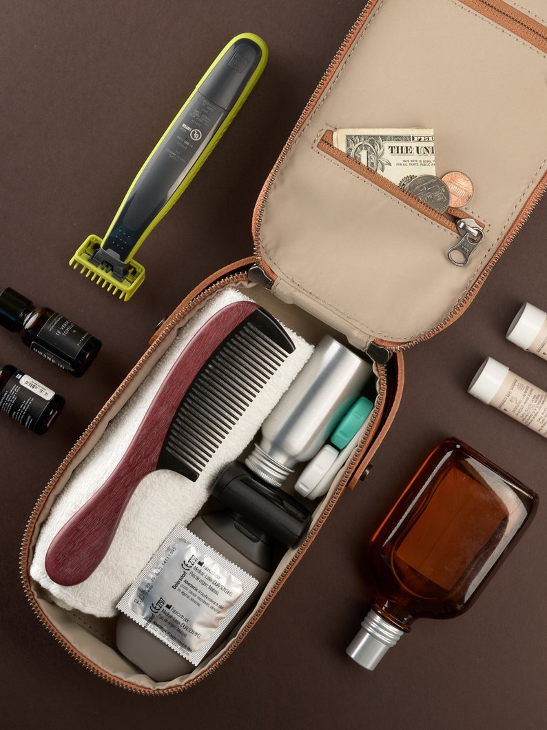 Tan Leather Dopp Kit, Handmade Personalized Toiletry Bag, Travel Shaving Kit Bag, Mens Dopp Kit, Groomsmen Gift for Men, Custom Monogram image 2