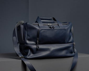 Navy Ventra Leather Sport Bag, Premium Gym Bag, Travel Duffel with Compartments, Handmade Carryall, Weekender Bag, Custom Mens Gift
