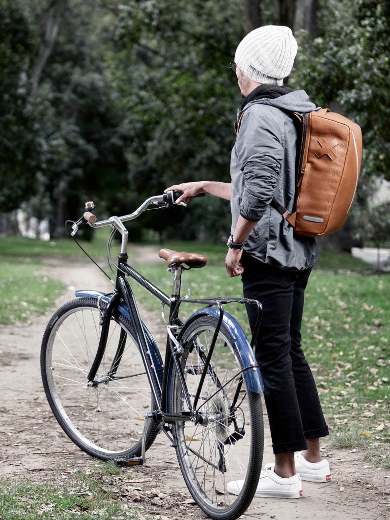 Tan Leather Bike Backpack, Urban Backpack, Cycling Backpack, Commuter Backpack, Rucksack, Men Daypack, Custom Monogram, Men Gift, Handmade image 10