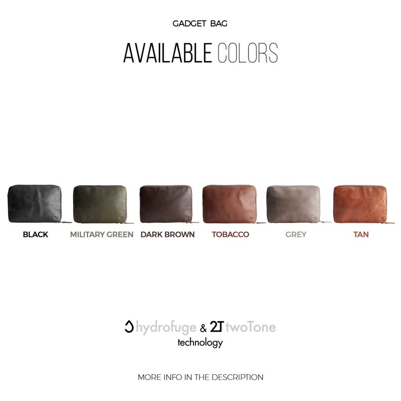 May include: Gadget bag available in black, military green, dark brown, tobacco, grey, and tan. The bag features hydrofuge and two-tone technology.