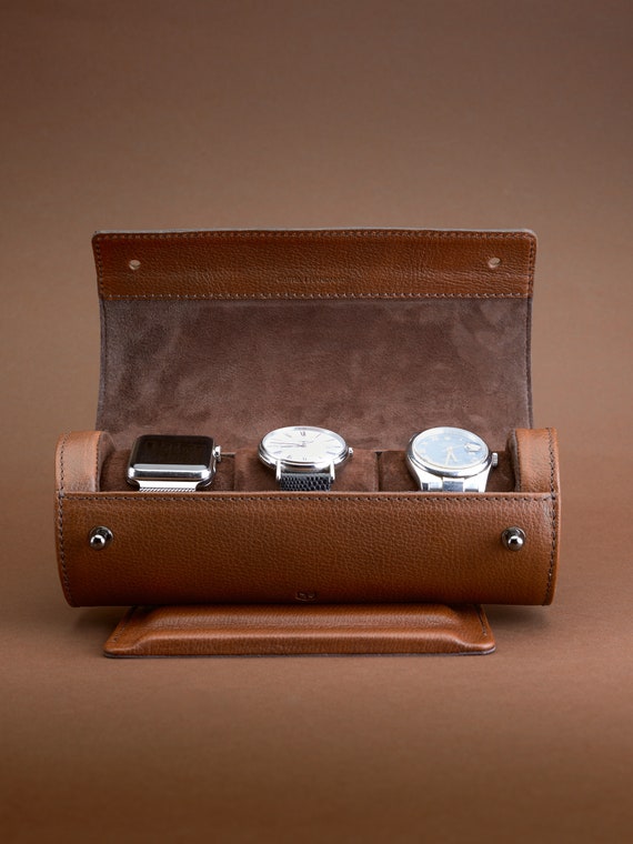 Brown Leather Watch Case Roll, 3-4 Watches, Men Travel Wrist Holder Display Luxury Pouch Box Storage, Personalized Engravable