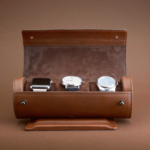 Brown Leather Watch Case Roll, 3-4 Watches, Men Travel Wrist Holder Display Luxury Pouch Box Storage, Personalized Engravable