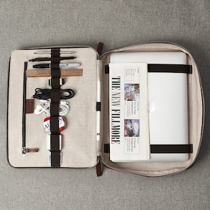 Marrón cuero viaje portátil 16" bolsa hombres, iPad MacBook 16" cartera, almacenamiento de accesorios, organizador de gadgets, monograma personalizado, regalo tecnológico hombres