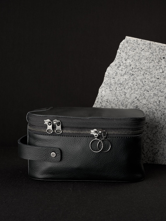 Black Leather Dopp Kit, Handmade Personalized Toiletry Bag, Travel…