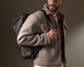 Dark Brown Leather Laptop Backpack, Travel Rucksack, MacBook 17 Bag for Men. Daypack City Bag, Custom Emboss Monogram Gift.