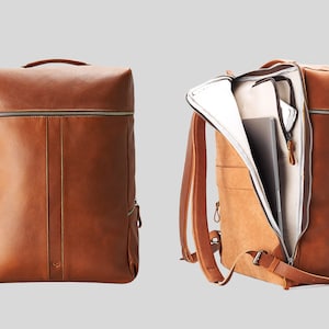 Tan Leather Laptop Backpack, Travel Rucksack, MacBook 16 Backpack, MacBook 15 Bag for Men. Daypack City Bag, Custom Emboss Monogram Gift