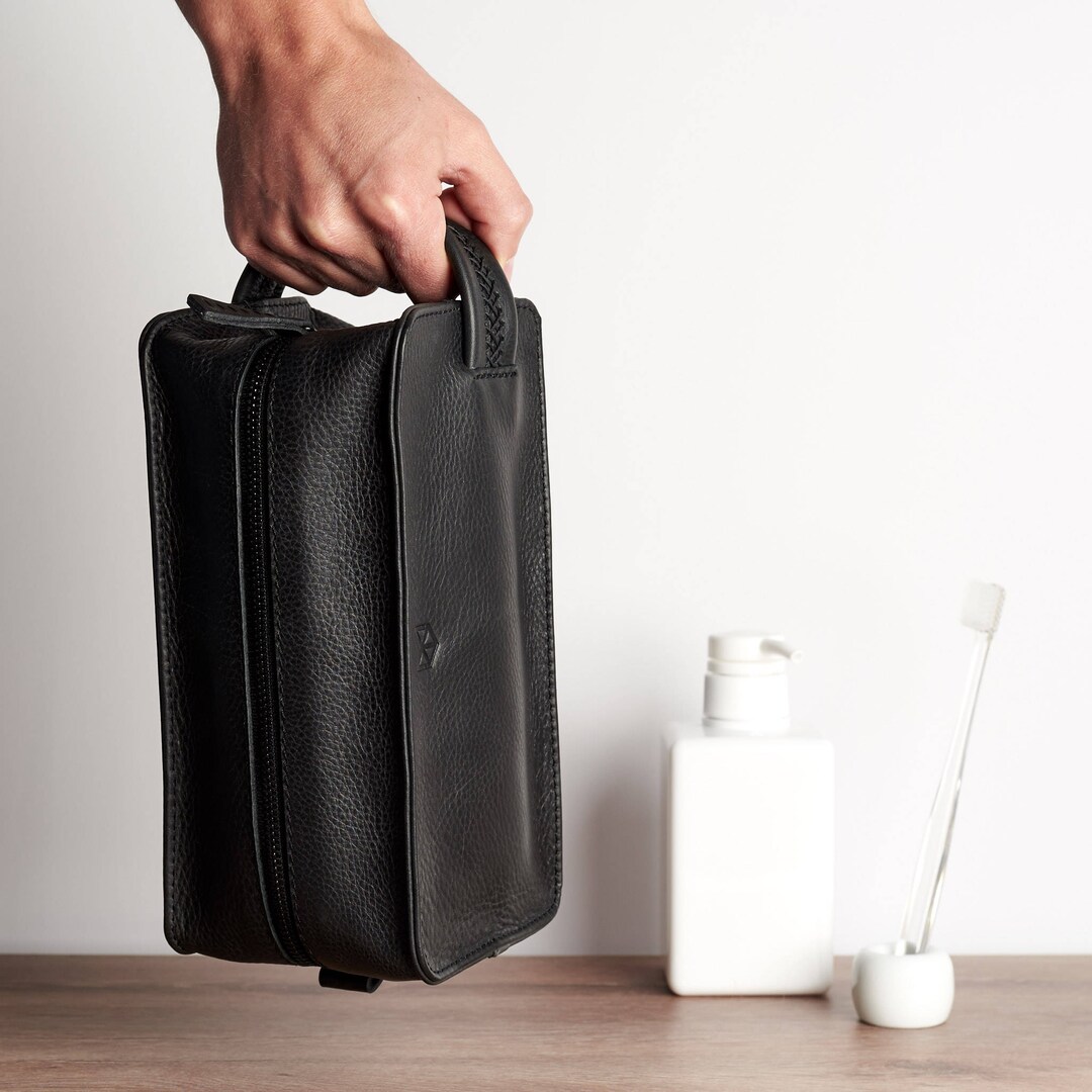 Black Leather Toiletry Bag Men, Handmade Travel Dopp Kit, Wash Shaving
