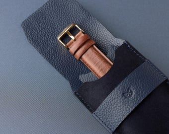 Navy Suede Watch Pouch, Travel Watch Holder, Calf Suede Watch Case, Full Grain Leather Insert, Single Watch Protector, Men Luxury Gift
