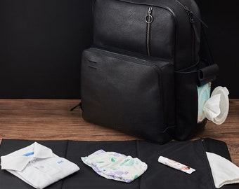 Black Leather Monogrammed Diaper Bag 