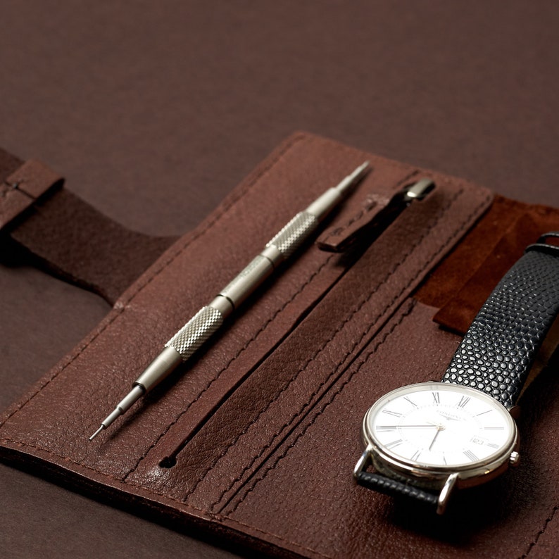 Brown Leather Watch Roll, 2-6 Watches, Men Travel Watch Storage Pouch, Watch Box Organizer, Apple Band Watch Case. Monogrammed Mens Gift image 5