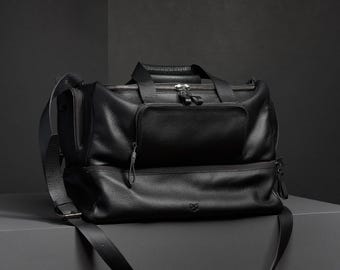 Black Ventra Leather Sport Bag, Premium Gym Bag, Travel Duffel with Compartments, Handmade Carryall, Weekender Bag, Custom Mens Gift