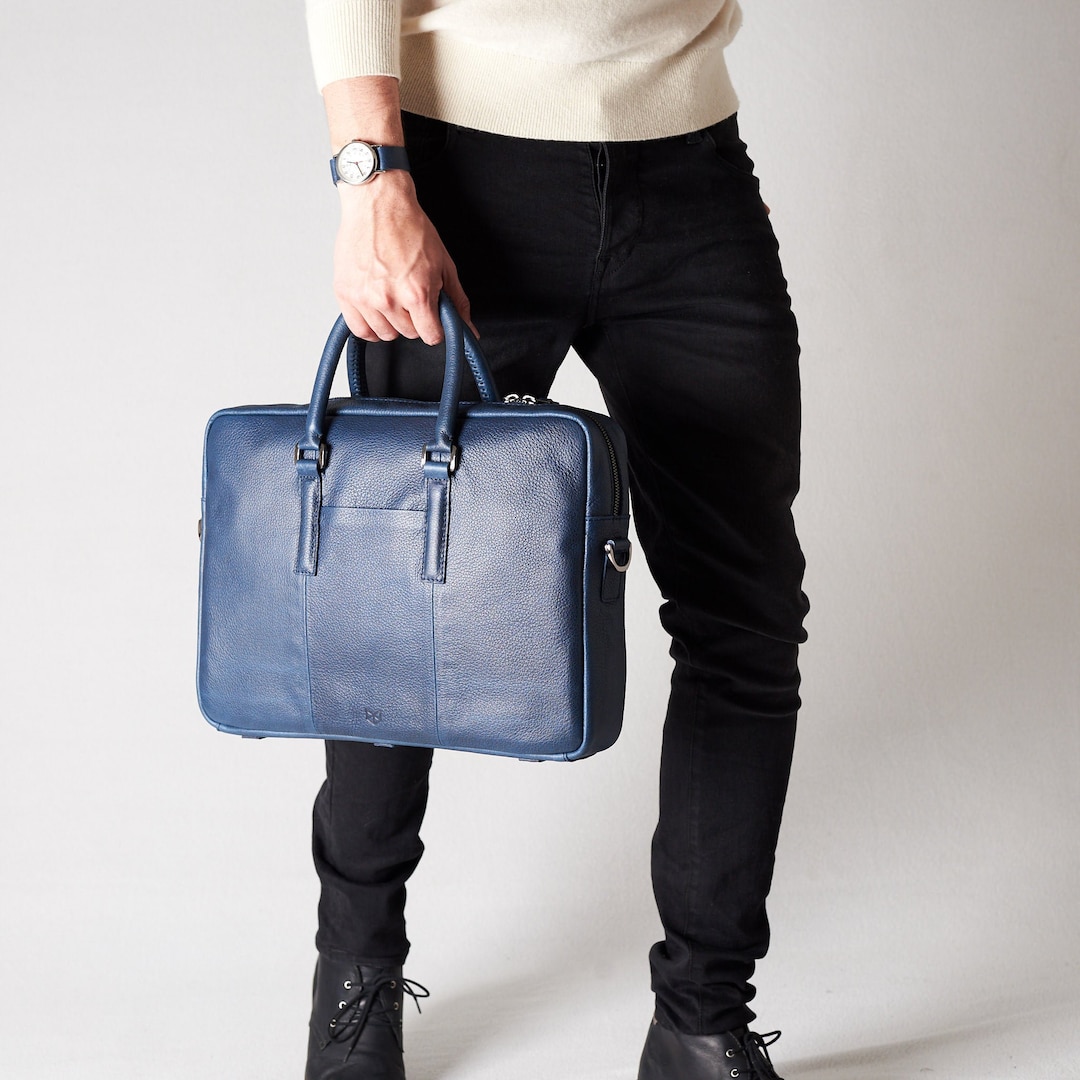 Navy Leather Office Briefcase Men Attache, Document Portfolio Messenger ...
