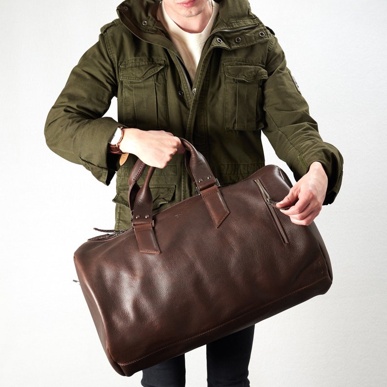 Dark Brown Leather Duffle Bag Men Medium Shoulder Travel Weekender w/ Shoe Compartment, Gym Sports Carry. Handmade. Personalized Monogram image 2