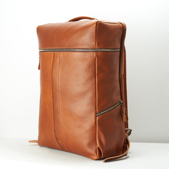 tan leather laptop backpack