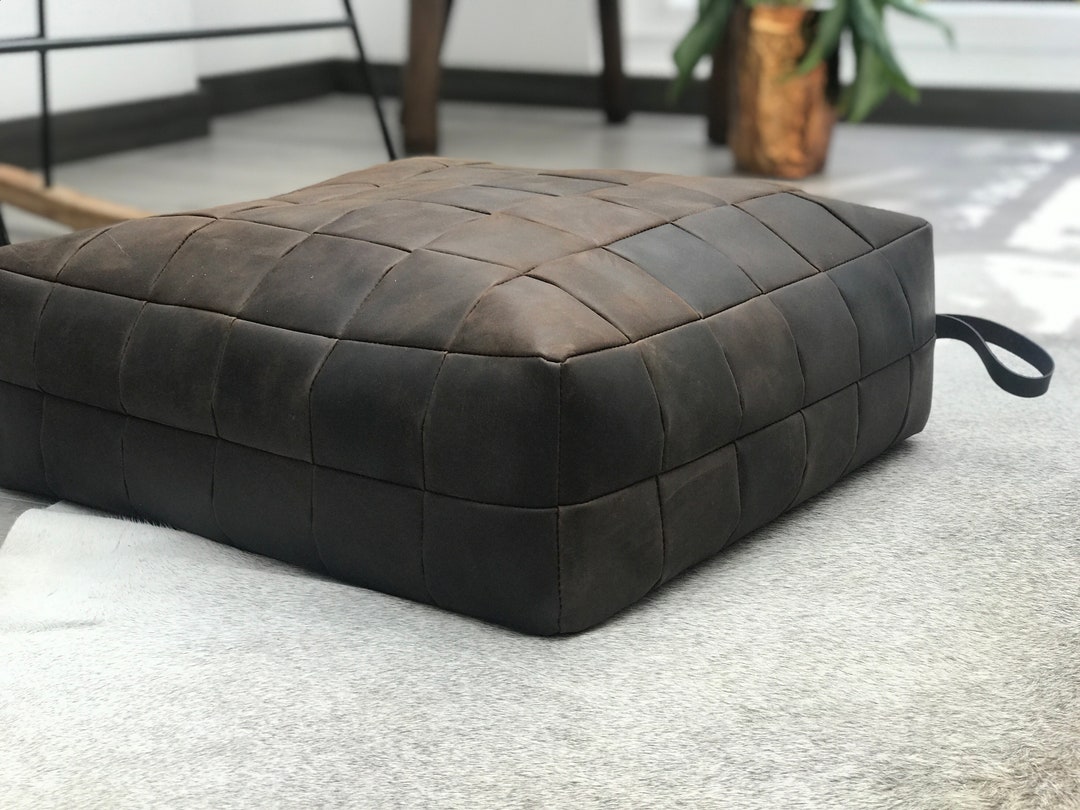 Brown Leather Floor Cushion Pillow Seating. Ottoman Pouf Window Seat