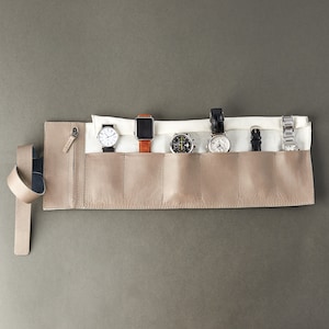 Grijze leren horlogerol, 2-6 horlogesleuven, opbergetui herenhorloge, horlogedoosorganizer Apple-horlogekast. Herencadeau met monogram