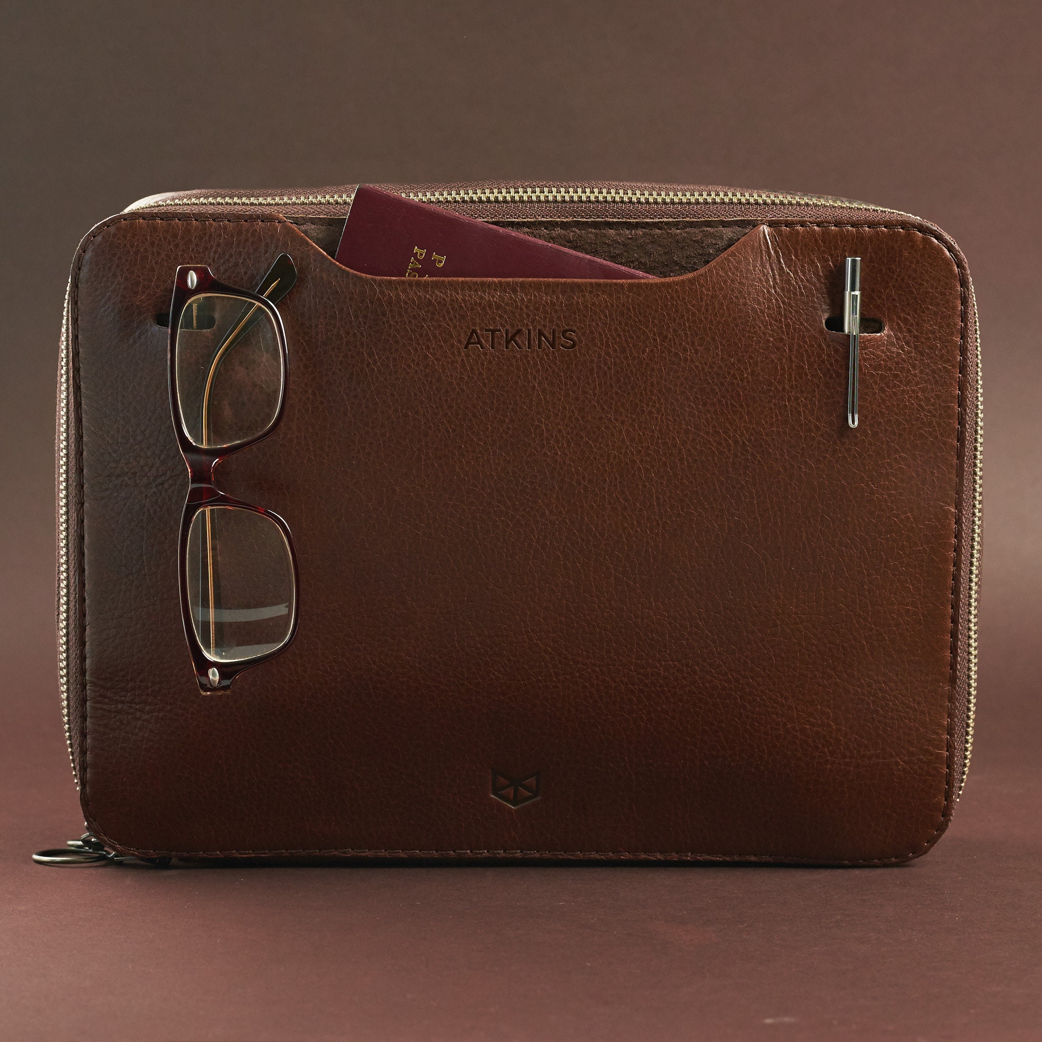 Brown Leather Gear Bag, Tech Travel Pouch Organizer, EDC Bag Gear