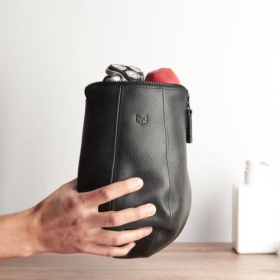 Black Leather Toiletry Bag Men Handmade Travel Dopp Kit Wash 