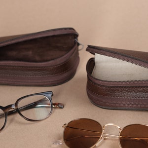 Dark Brown Leather Glasses Case Double Men, Two Sunglasses Bag, Eyewear Twin Pouch, Travel Ray-Ban Sleeve Cover. Custom Monogram Gift image 7