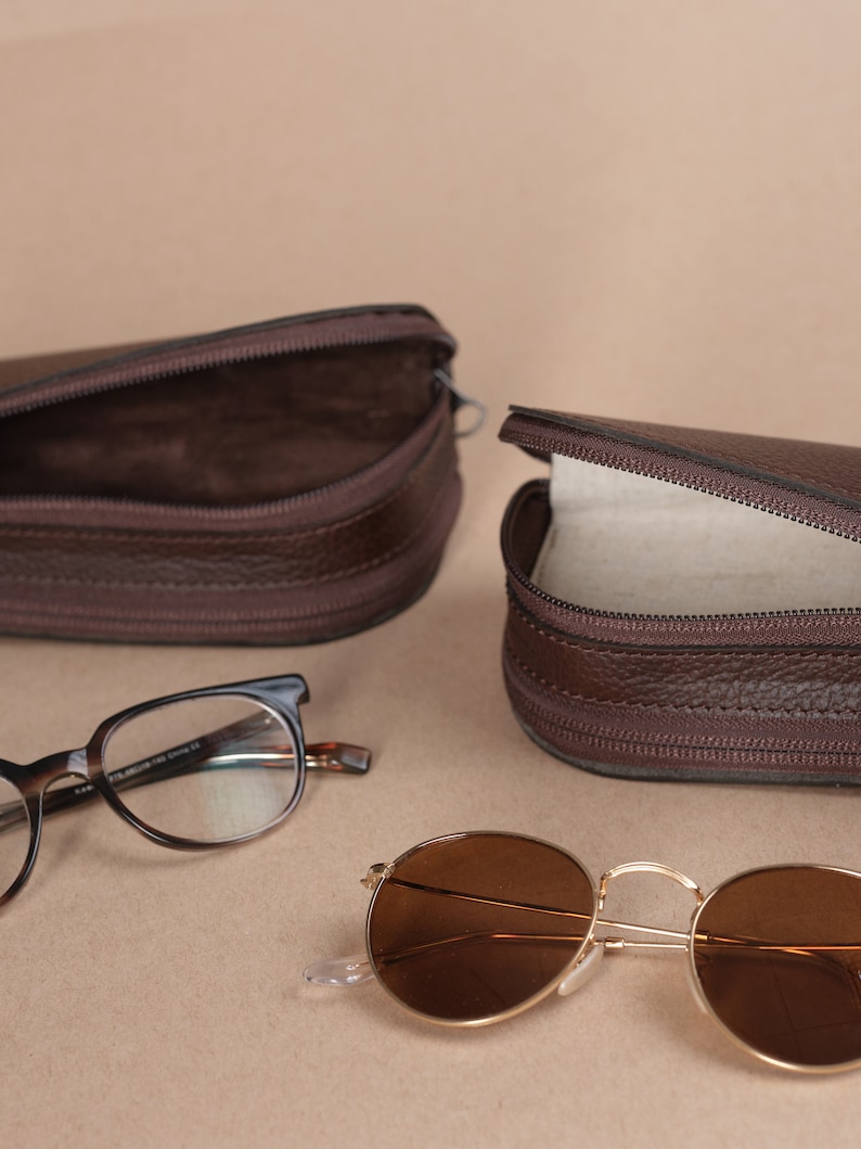 Dark Brown Leather Glasses Case Double Men, Two Sunglasses Bag, Eyewear Twin Pouch, Travel Ray-Ban Sleeve Cover. Custom Monogram Gift image 7
