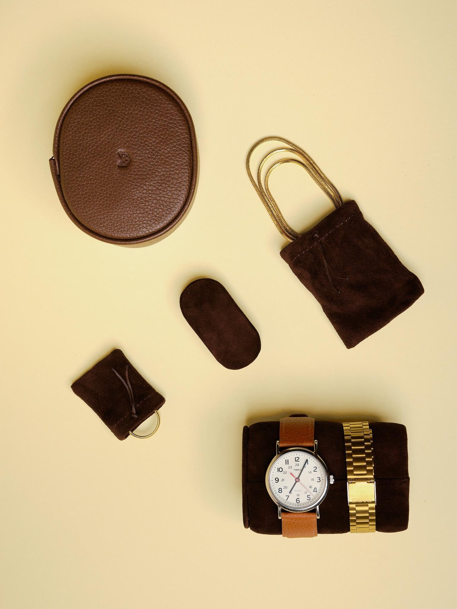 Watch Case, Glasses Case, Jewelry Box, Brown Leather Travel Case
