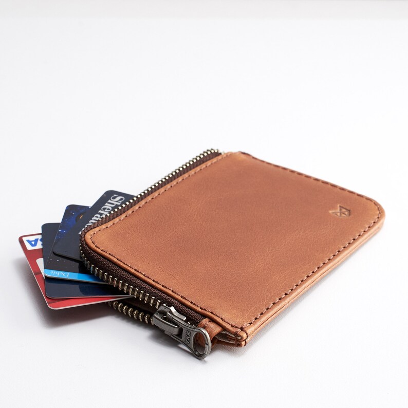 Tan Leather Zip Card Holder Men Business Credit Cards Case Etsy