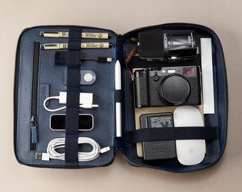 Navy Leather Gadget Tech Organizer Men, iPad 10.5 11 inch, Electronics Accessory Storage, Gadget Bag, Pouch Dopp Kit.Custom Engraved
