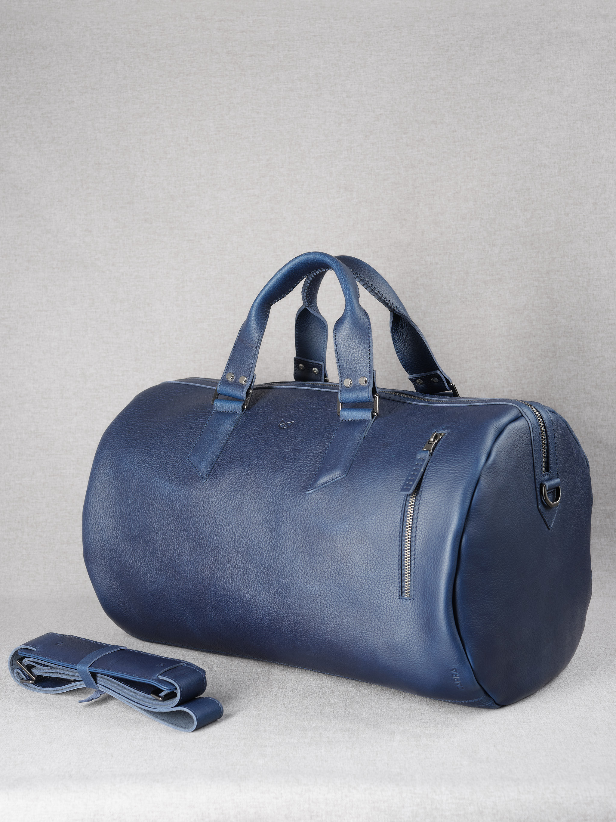 Blue leather duffle bag best sale