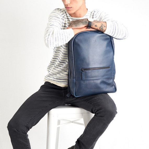 Mochila de cuero azul marino computadora portátil hombres Bolsa de