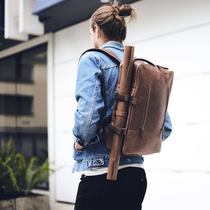 Brown Leather Laptop Backpack Men. Travel Rucksack, Handmade Bookbag, Camera Designer Bag, Work Urban City Daypack, Custom Engraving Gift image 1