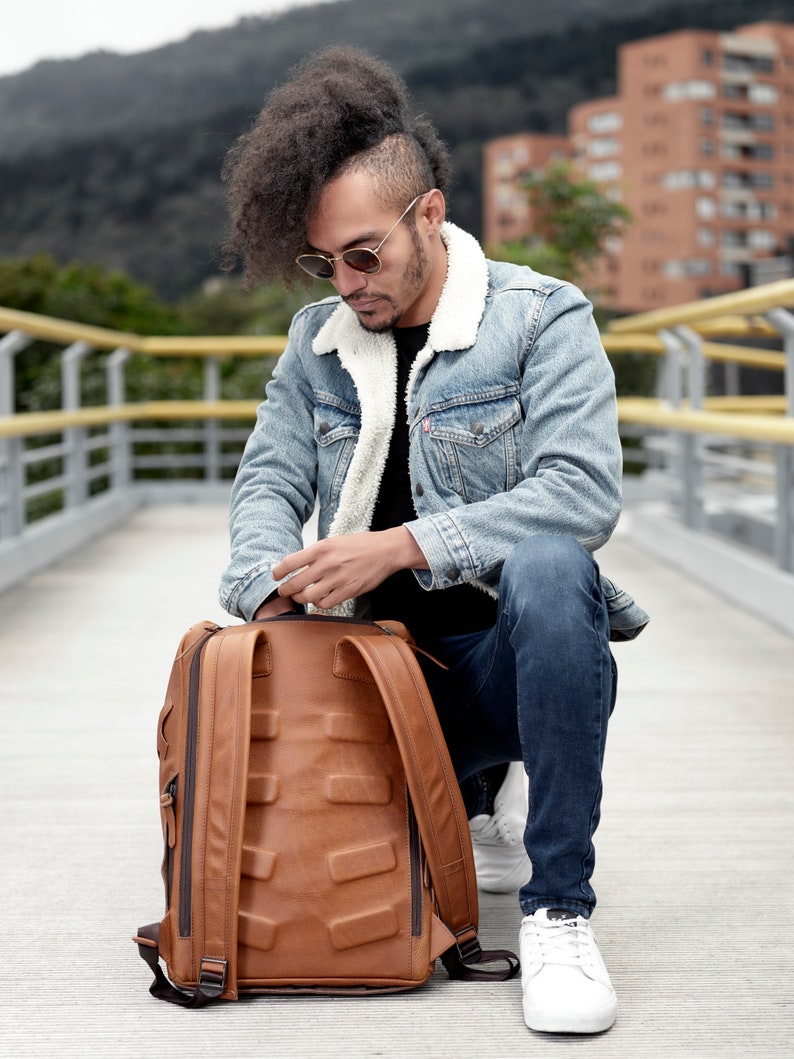 Tan Leather Bike Backpack, Urban Backpack, Cycling Backpack, Commuter Backpack, Rucksack, Men Daypack, Custom Monogram, Men Gift, Handmade image 7