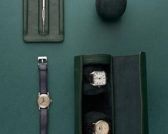 Green Leather Travel Watch Case, Watch Holder Case, Watch Organizer for Men, 3-4 Watches Storage Box, Watch Roll Case, Custom Gift for Men
