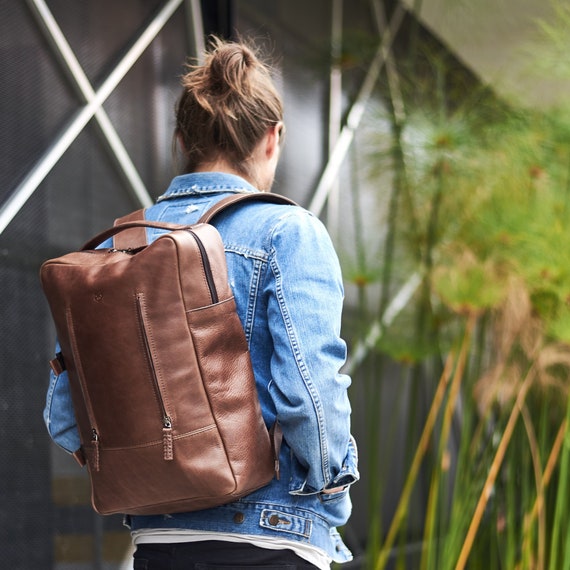 Brown Leather Laptop Backpack Men. Travel Rucksack Handmade 