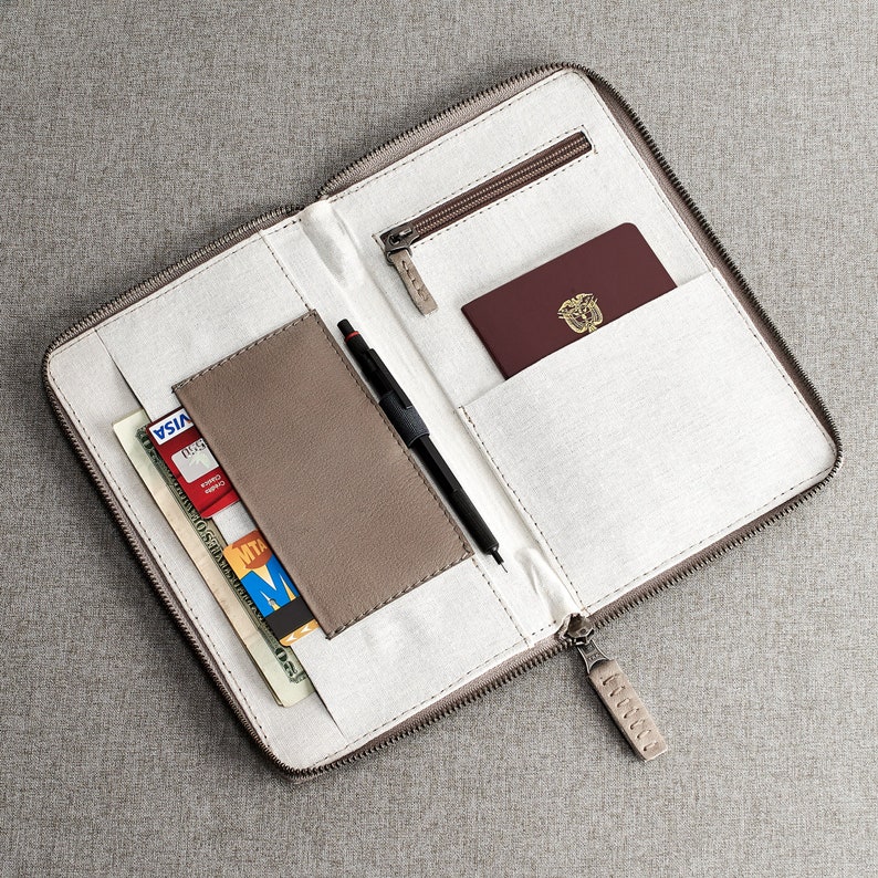 Grey Leather Travel Document Organizer Men Passport Wallet Etsy