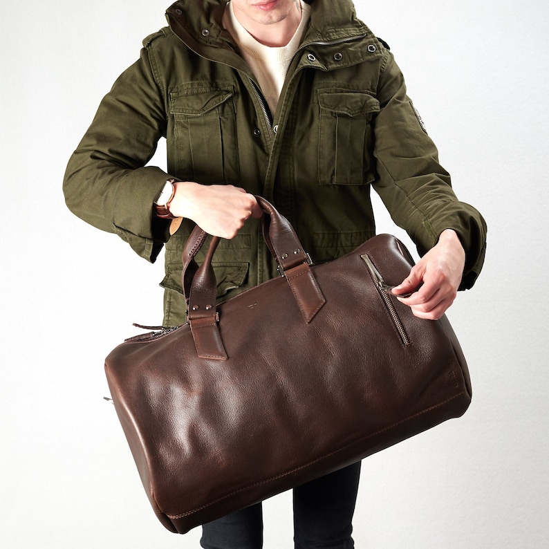 Dark Brown Leather Duffle Bag Men Small Shoulder Travel Etsy