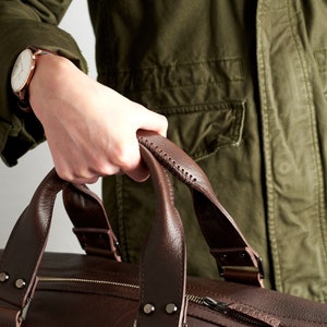 Dark Brown Leather Duffle Bag Men Medium Shoulder Travel Weekender w/ Shoe Compartment, Gym Sports Carry. Handmade. Personalized Monogram image 6