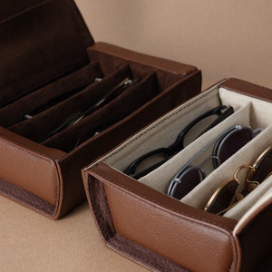 Multiple Sunglasses Travel Case Brown, Glasses Case, Hard Eyeglass Case, Sunglasses Leather Case, Sunglass Display Storage Case, Custom Linen