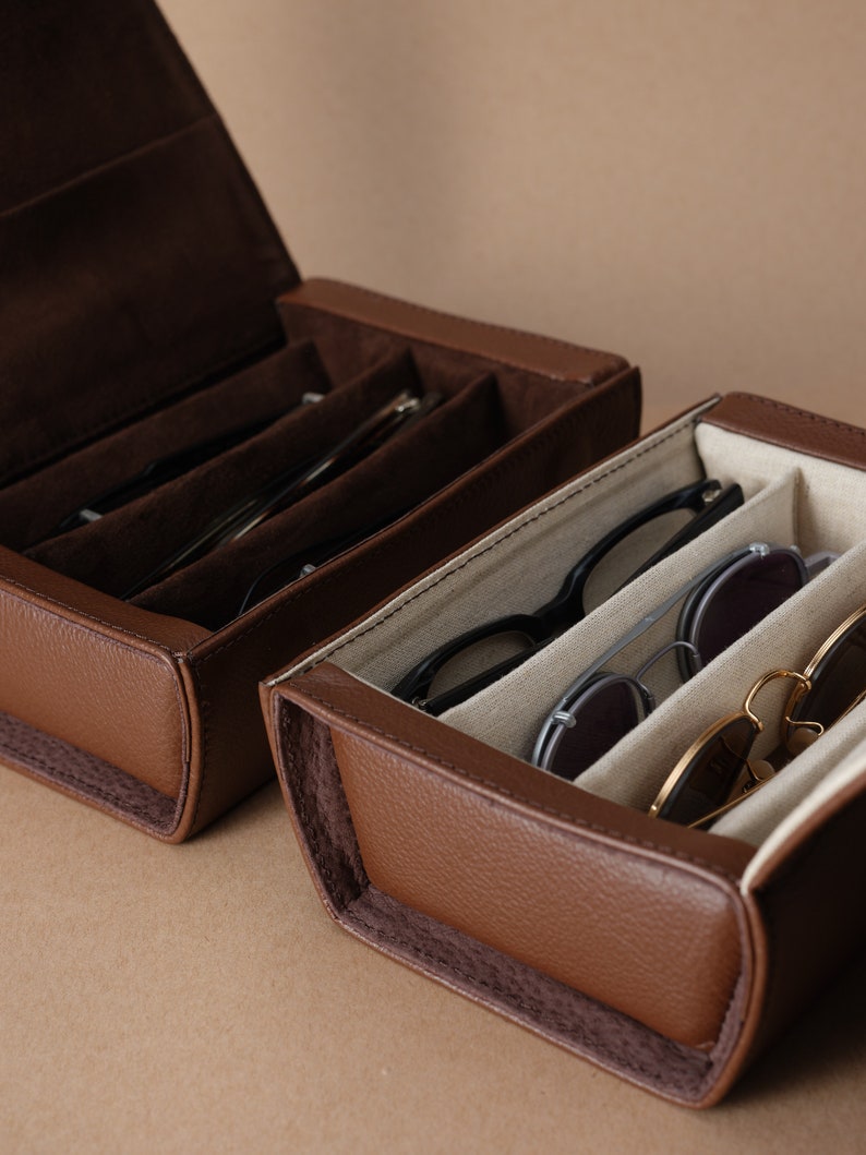 Multiple Sunglasses Travel Case Brown, Glasses Case, Hard Eyeglass Case, Sunglasses Leather Case, Sunglass Display Storage Case, Custom Linen