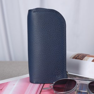 Navy Leather Glasses Case Double Men, Two Sunglasses Bag, Eyewear Twin Pouch, Travel Suede Sleeve Cover. Custom Monogram Gift CAPRA LEATHER imagem 8