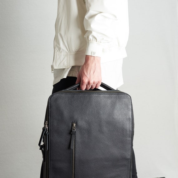 Black Leather Slim Tech Laptop Backpack 