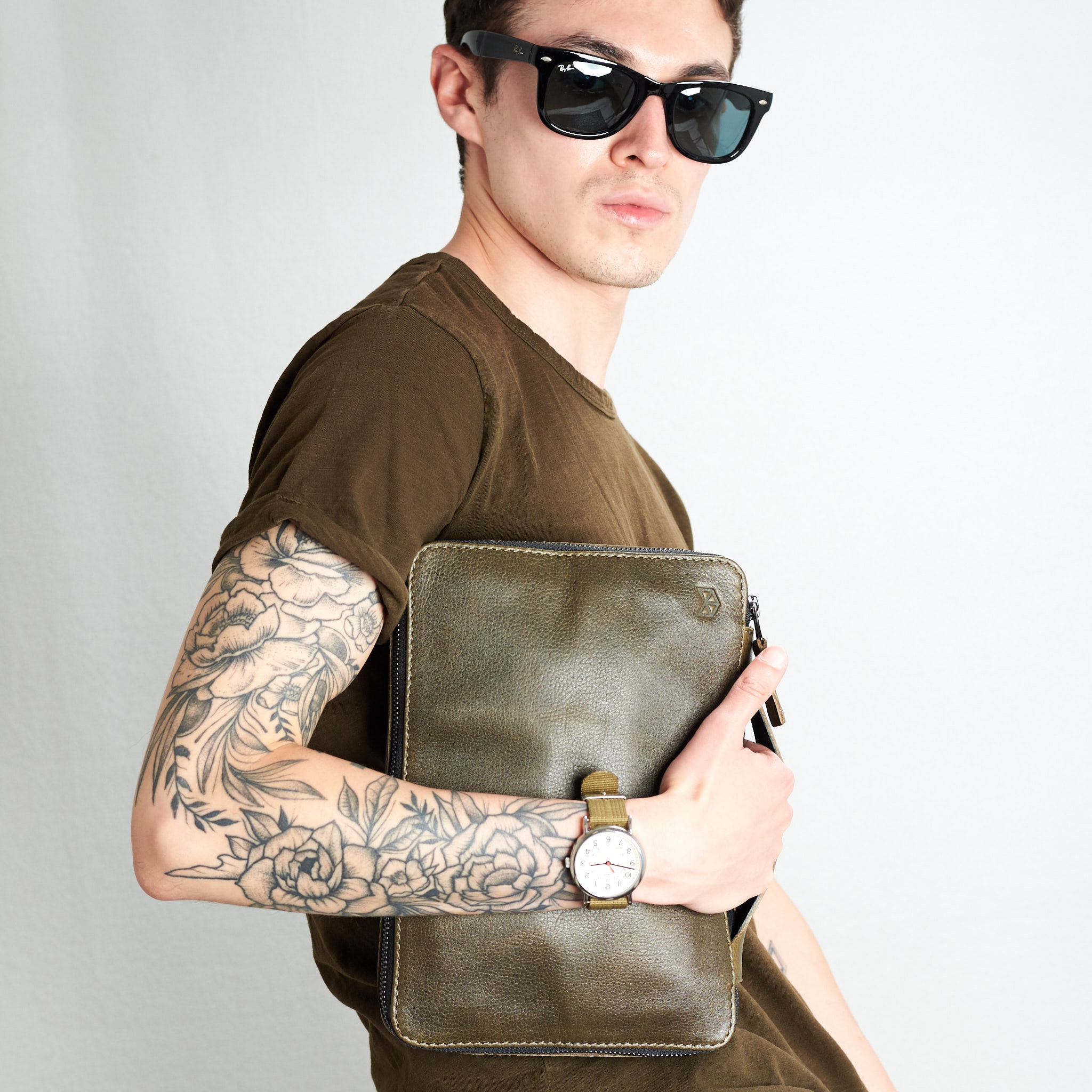 Green Leather Travel Tech Organizer Men iPad Case Electronics