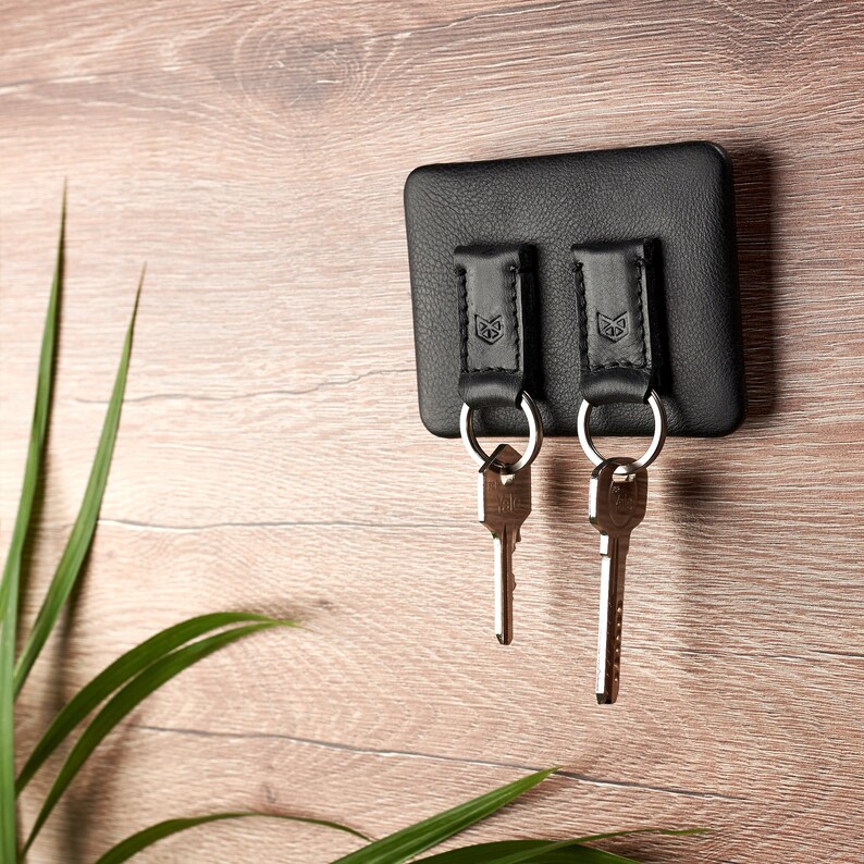 Black Leather Key Holder Wall Keychain Hook Etsy