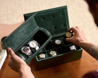 Green Watch Box Case, Handmade Case for Watches, Leather Watch Storage Box 5-12 Pieces, Watch Organizer, Mens Watch Box, Travel Watch Case
